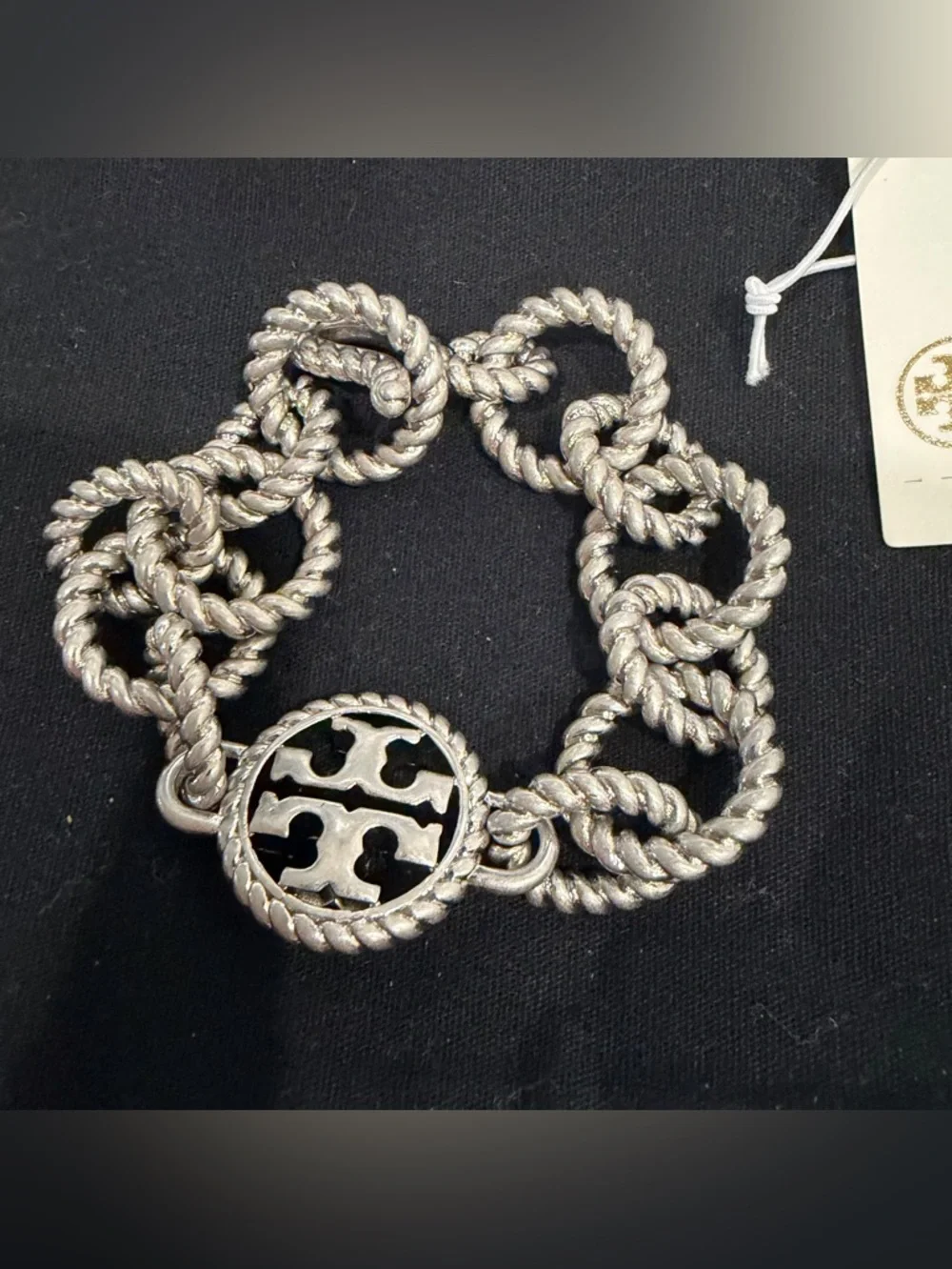 Tory Burch Silver-Tone Twisted Rope Logo Bracelet New Size 6 - Picture 3 of 6